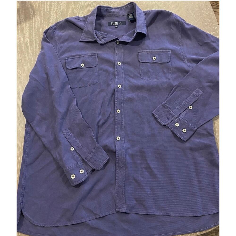 NAT NAST Mens Blue Purple Silk/Cotton LUXURY L/S EVENING SHIRT‎ 2XL Button Long